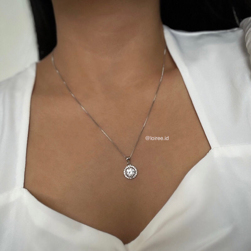 ELOISE | Wedding Collection - Zirconia Round Cut Halo Setting Bridal Necklace - Kalung Wanita