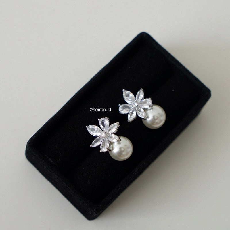 EMMA Zirconia Flower Pearl Stud Drop Earrings - Wedding