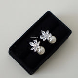 EMMA Zirconia Flower Pearl Stud Drop Earrings - Wedding