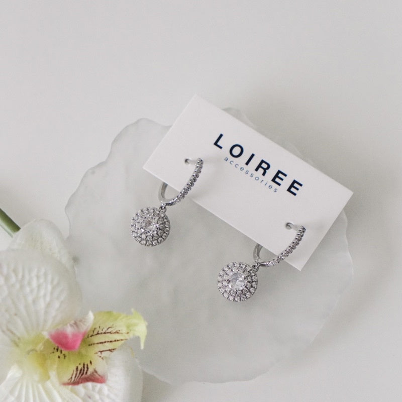 JOLENE | Wedding Collection - Zirconia Round Halo Dangle Stud Bridal Earrings - Anting Wanita