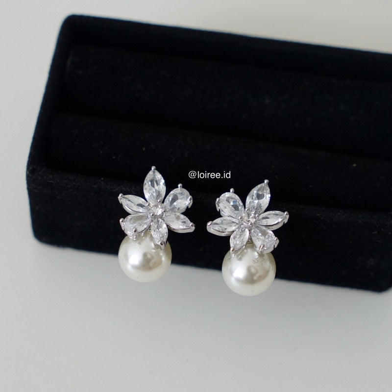 EMMA Zirconia Flower Pearl Stud Drop Earrings - Wedding