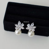 EMMA Zirconia Flower Pearl Stud Drop Earrings - Wedding