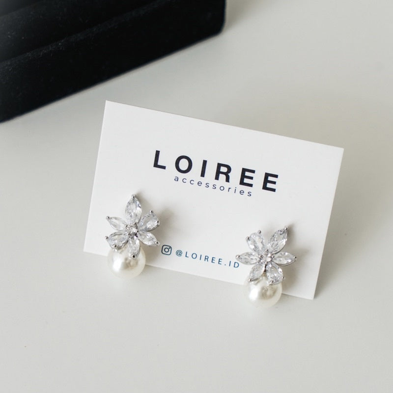 EMMA Zirconia Flower Pearl Stud Drop Earrings - Wedding