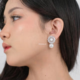 AURORA Zirconia Flower Pearl Stud Earrings - Wedding