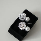 AURORA Zirconia Flower Pearl Stud Earrings - Wedding