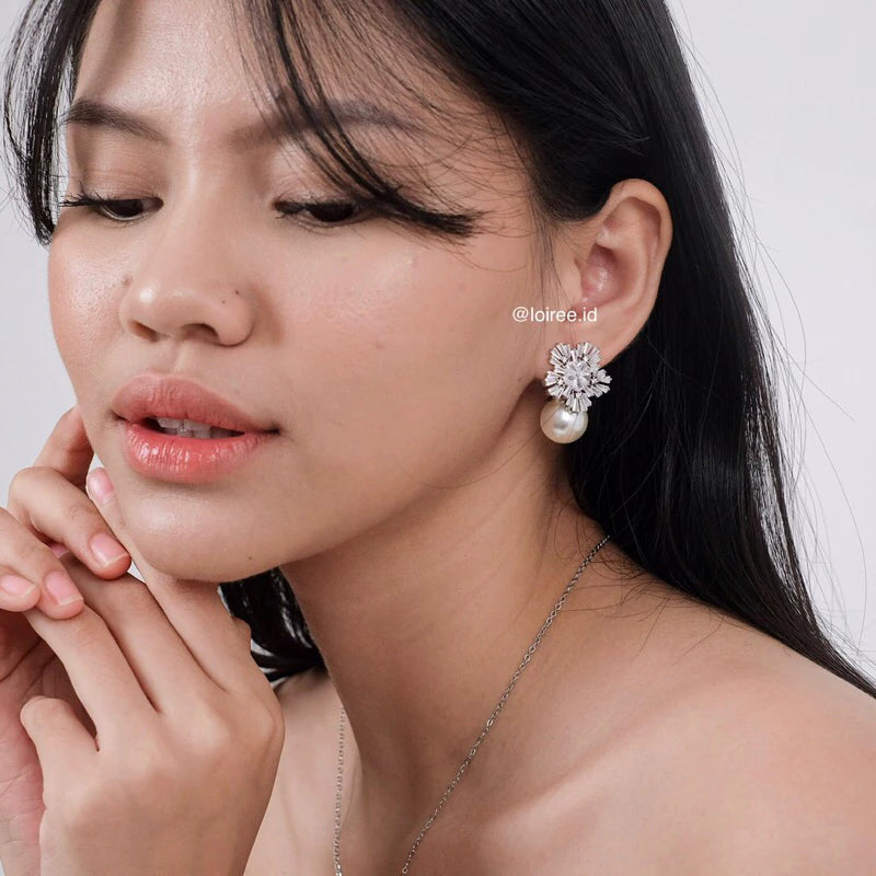 VANNA Zirconia Flower Pearl Drop Stud Earrings - Wedding