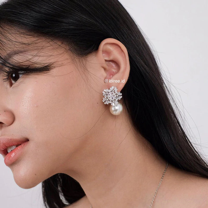 VANNA Zirconia Flower Pearl Drop Stud Earrings - Wedding