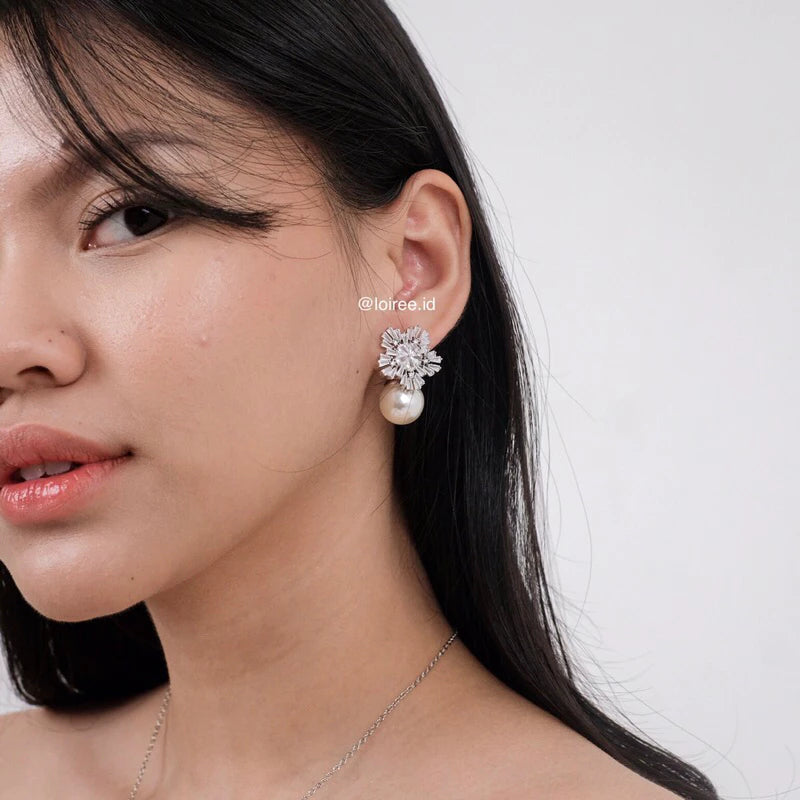 VANNA Zirconia Flower Pearl Drop Stud Earrings - Wedding