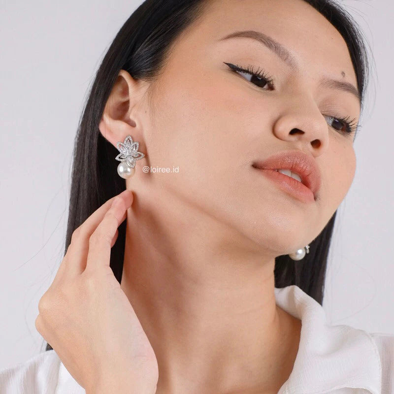 ATHENA Zirconia Flower Pearl Stud Bridal Earrings - Wedding