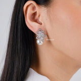 ATHENA Zirconia Flower Pearl Stud Bridal Earrings - Wedding