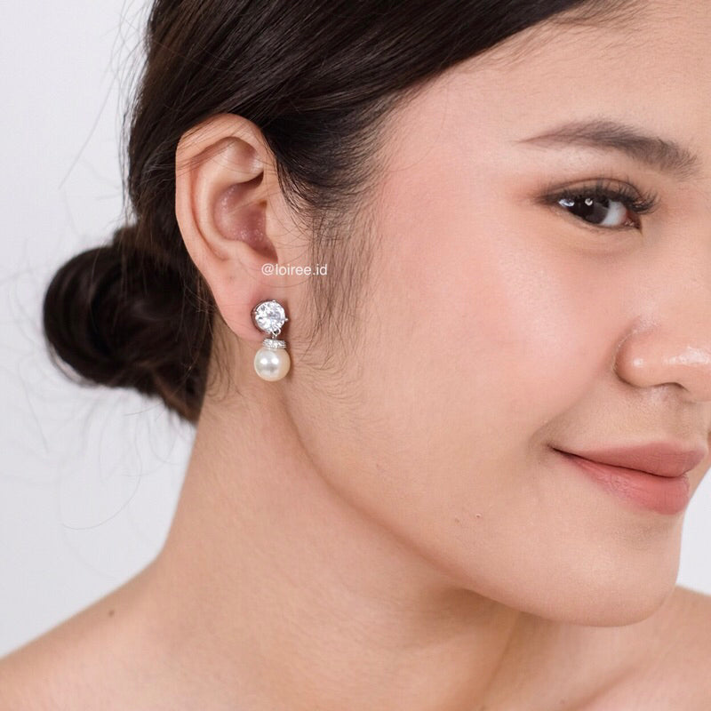LILOU | Wedding Collection - Zirconia Solitaire Pearl Stud Bridal Earrings - Anting Wanita