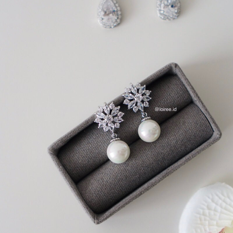 CLARICE | Wedding Collection - Zirconia Flower Pearl Dangle Stud Bridal Earrings - Anting Wanita