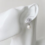 CLARICE | Wedding Collection - Zirconia Flower Pearl Dangle Stud Bridal Earrings - Anting Wanita