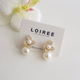 ELLERY | Wedding Collection - Zirconia Flower Pearl Dangle Stud Bridal Earrings - Anting Wanita