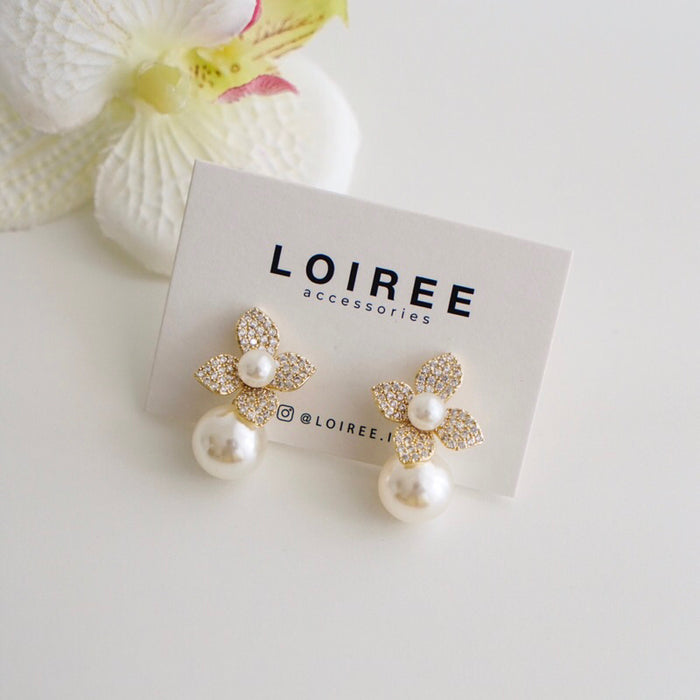ELLERY | Wedding Collection - Zirconia Flower Pearl Dangle Stud Bridal Earrings - Anting Wanita