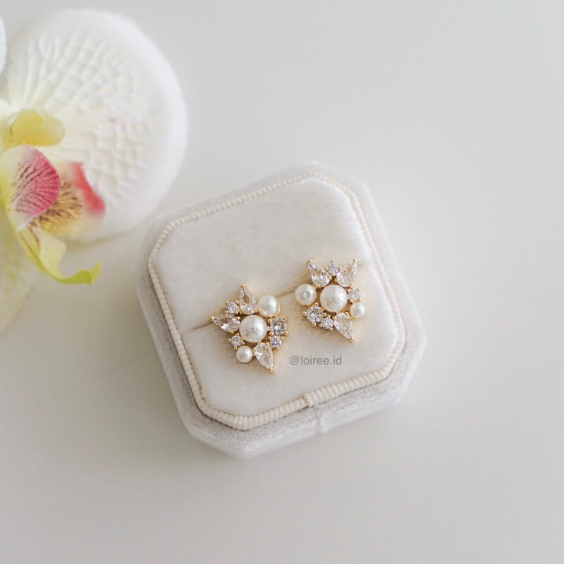 TAMARA | Wedding Collection - Gold Plated Zirconia Pearl Stud Bridal Earrings - Anting Wanita