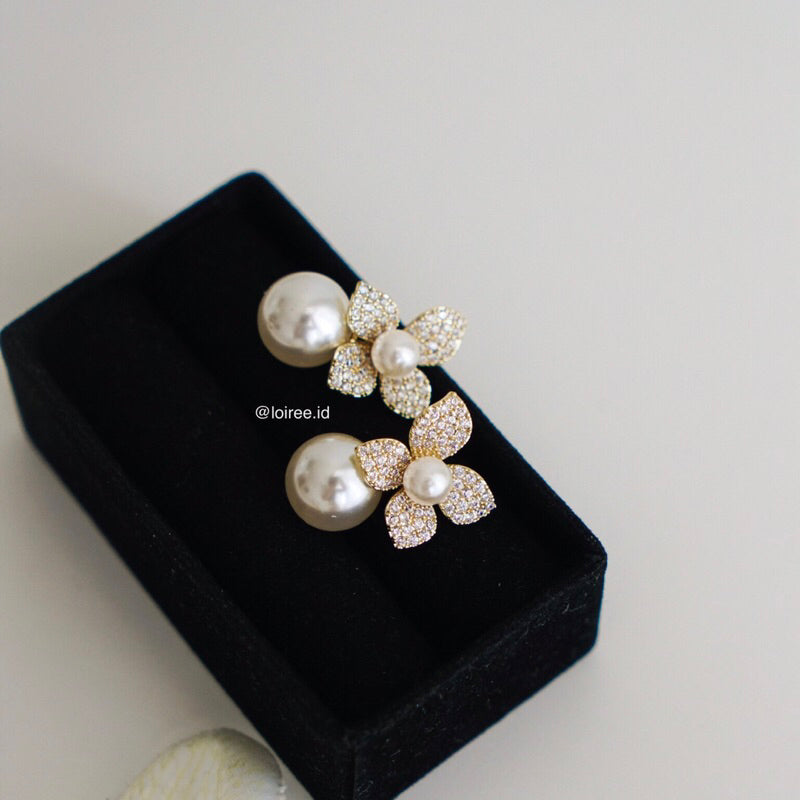 ELLERY | Wedding Collection - Zirconia Flower Pearl Dangle Stud Bridal Earrings - Anting Wanita