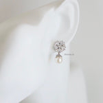 HALLIE | Wedding Collection - Zirconia Flower Pearl Dangle Stud Bridal Earrings - Anting Wanita