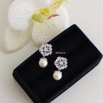 HALLIE | Wedding Collection - Zirconia Flower Pearl Dangle Stud Bridal Earrings - Anting Wanita