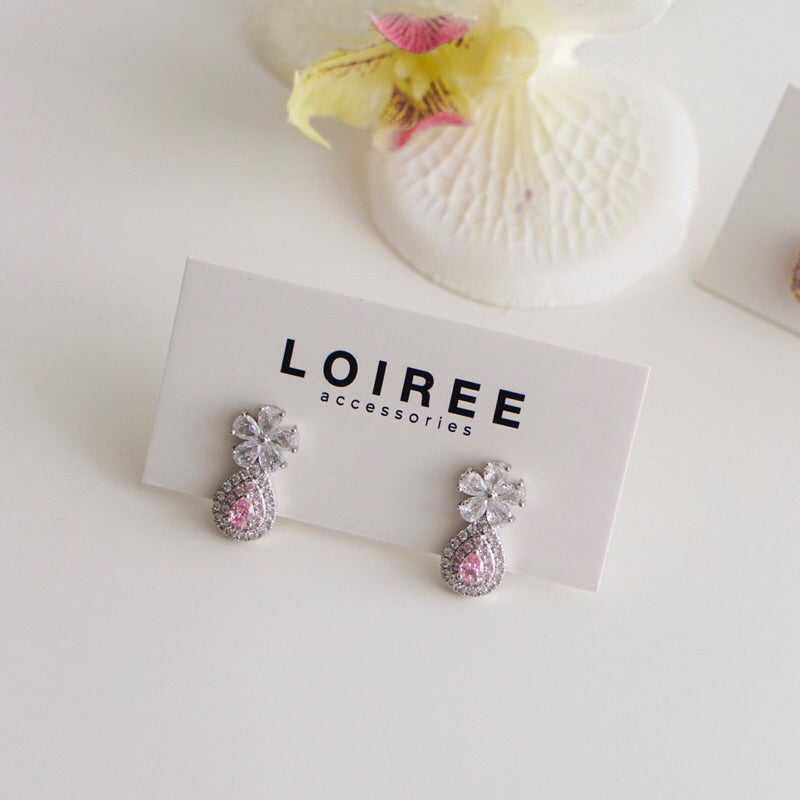 CORAL | Colour Collection - Zirconia Pink Flower Stud Earrings - Anting Wanita