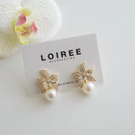 AMELIA | Wedding Collection - Zirconia Flower Pearl Drop Stud Bridal Earrings - Anting Wanita