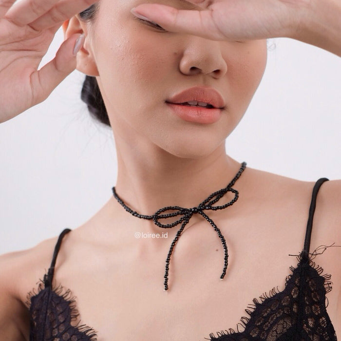 VIVIAN Bow Pearl Necklace - Ribbon Coquette Choker