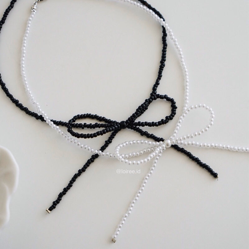 VIVIAN Bow Pearl Necklace - Ribbon Coquette Choker