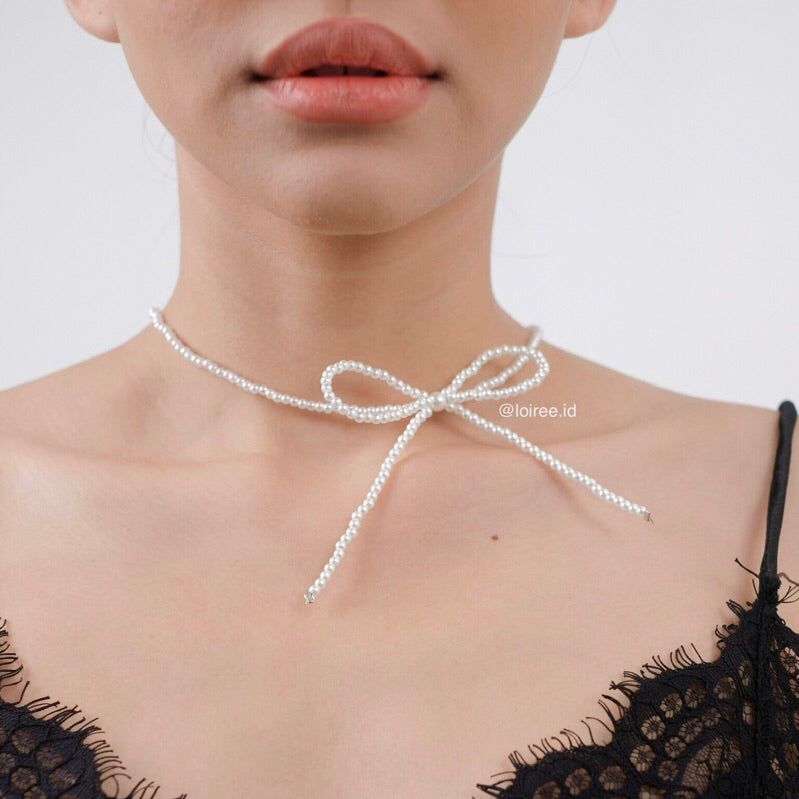 VIVIAN Bow Pearl Necklace - Ribbon Coquette Choker