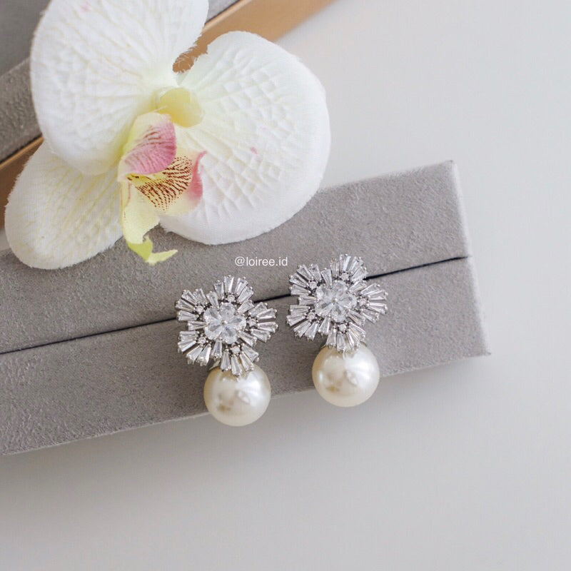 VANNA Zirconia Flower Pearl Drop Stud Earrings - Wedding