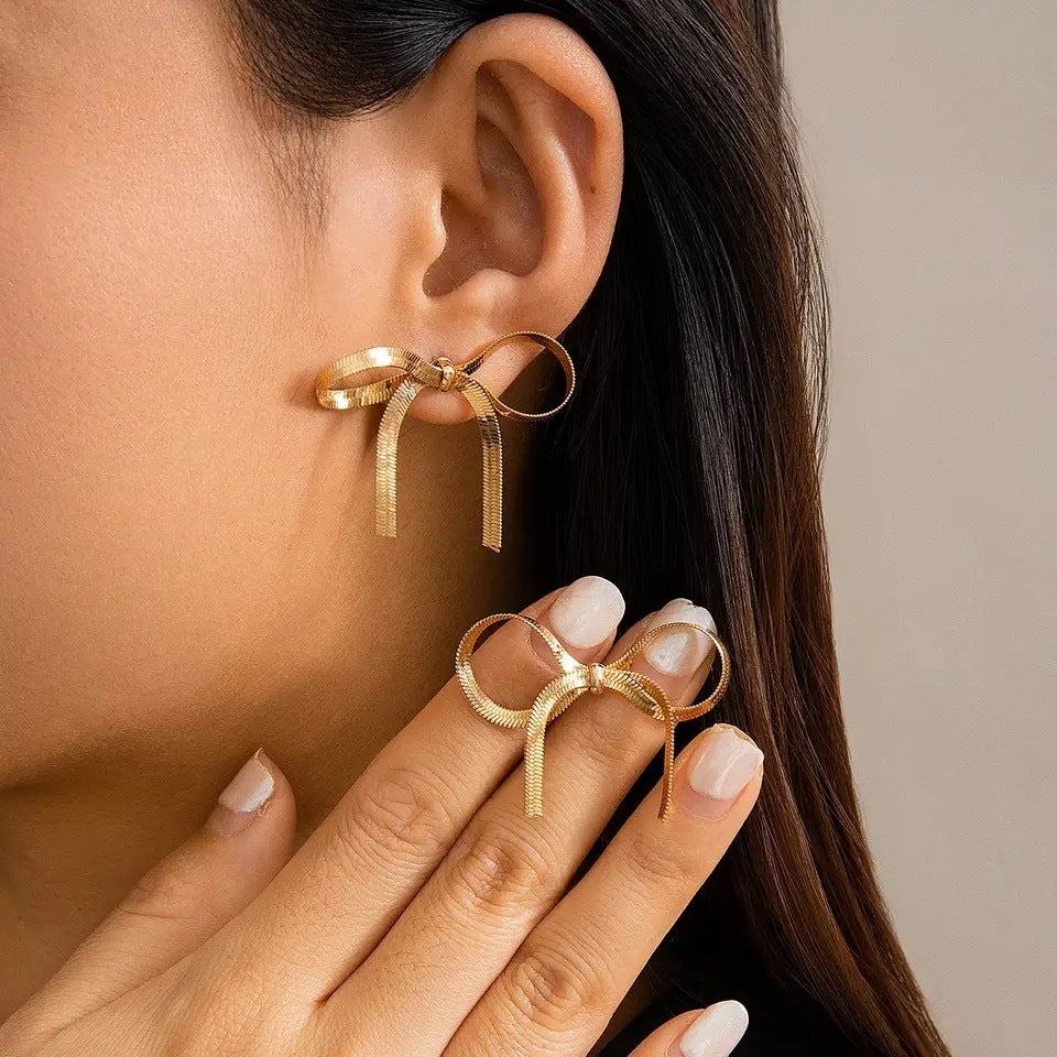 BRYNN Ribbon Bow Earrings - Gold Plated