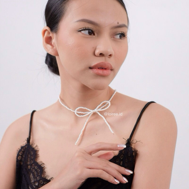 VIVIAN Bow Pearl Necklace - Ribbon Coquette Choker