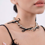 BEATRIX Bow Beads Necklace - Ribbon Coquette Choker
