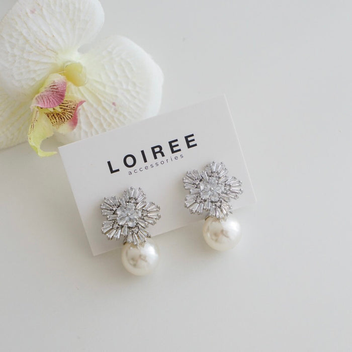 VANNA Zirconia Flower Pearl Drop Stud Earrings - Wedding