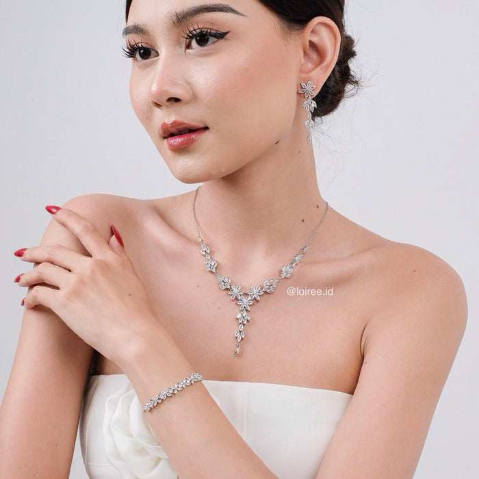 JENNIFER Zirconia Flower Necklace Earrings Bracelet Set - Wedding