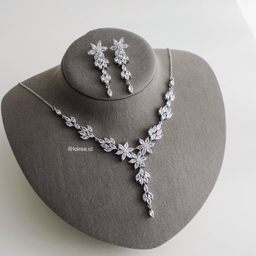 JENNIFER Zirconia Flower Necklace Earrings Bracelet Set - Wedding