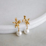 KARLIE Flower Pearl Dangle Earrings - Gold Plated