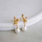 KARLIE Flower Pearl Dangle Earrings - Gold Plated