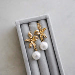 KARLIE Flower Pearl Dangle Earrings - Gold Plated
