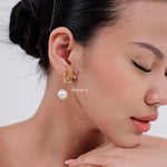 KARLIE Flower Pearl Dangle Earrings - Gold Plated