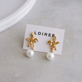 KARLIE Flower Pearl Dangle Earrings - Gold Plated