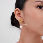 KARLIE Flower Pearl Dangle Earrings - Gold Plated