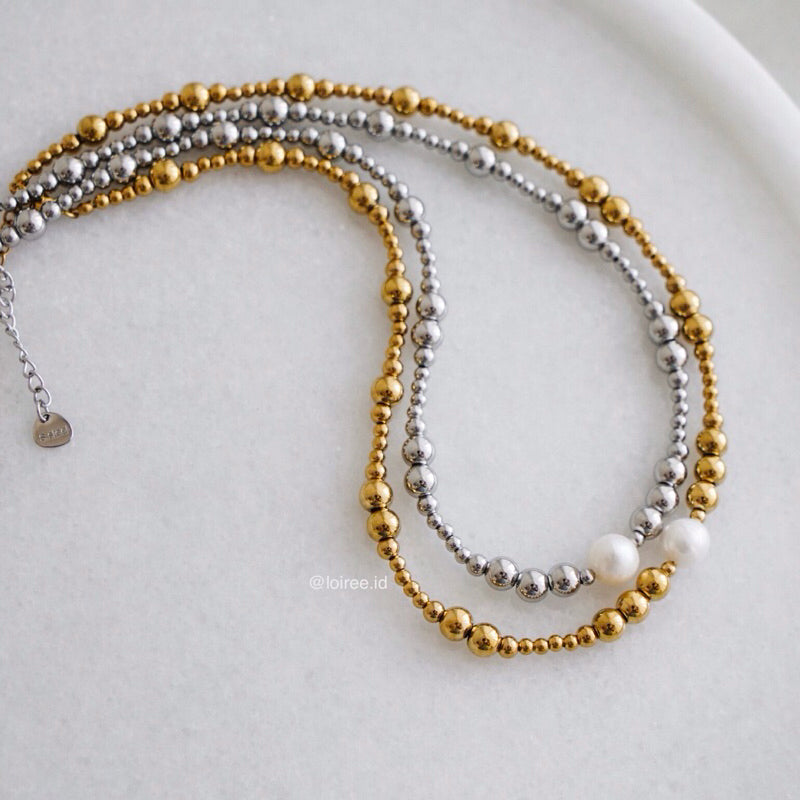 CAINE Natural Pearl Beads Necklace - Gold Plated