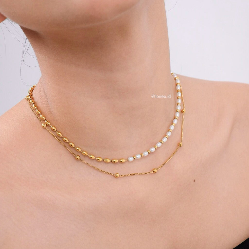 LOIREE - KEONI Double-Layer Pearl Chain Necklace - Gold Plated Stainless Steel