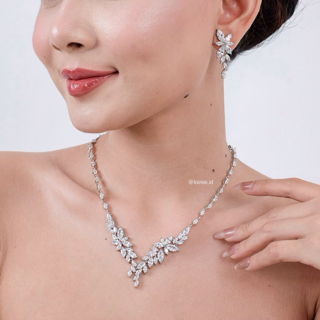 ELLOWYN Zirconia Marquise Bridal Necklace and Earrings Set - Wedding