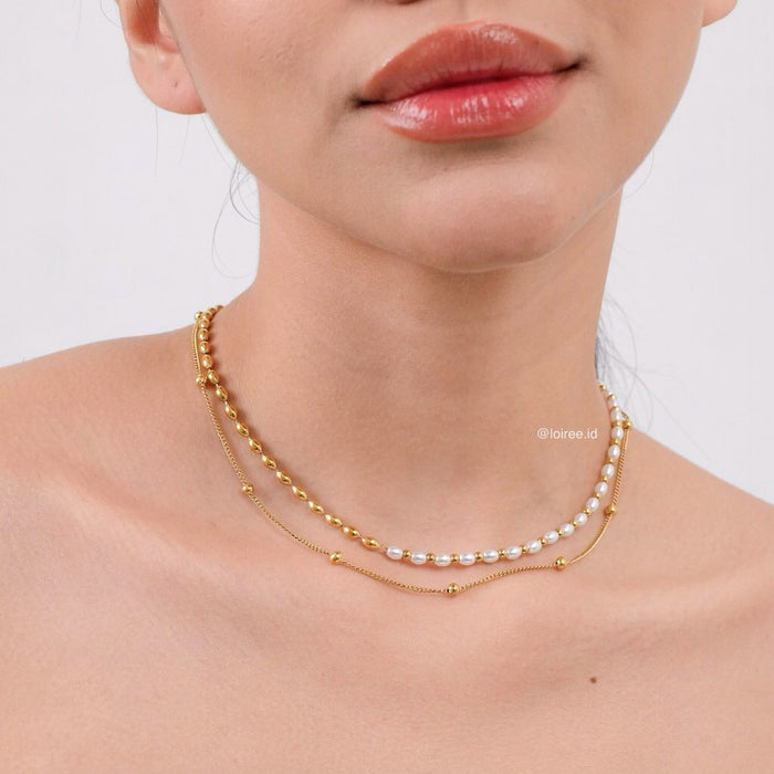 LOIREE - KEONI Double-Layer Pearl Chain Necklace - Gold Plated Stainless Steel