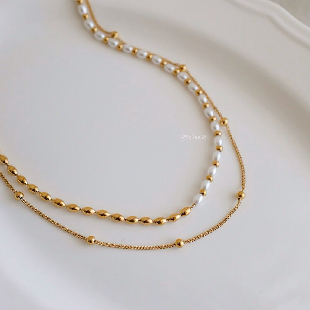 LOIREE - KEONI Double-Layer Pearl Chain Necklace - Gold Plated Stainless Steel