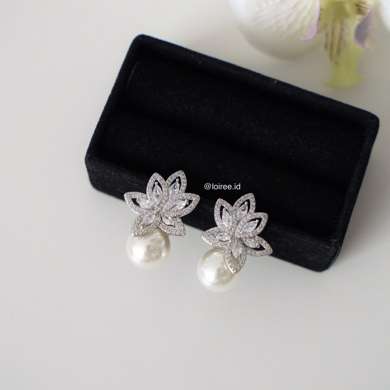 ATHENA Zirconia Flower Pearl Stud Bridal Earrings - Wedding