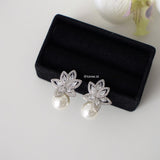 ATHENA Zirconia Flower Pearl Stud Bridal Earrings - Wedding