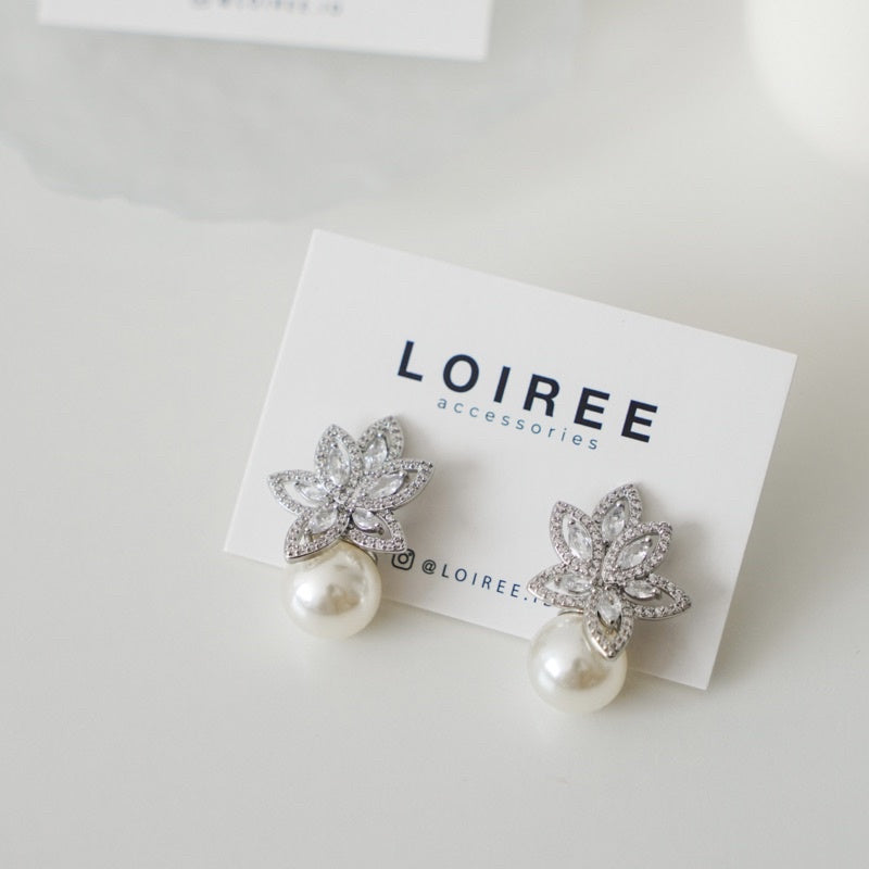 ATHENA Zirconia Flower Pearl Stud Bridal Earrings - Wedding